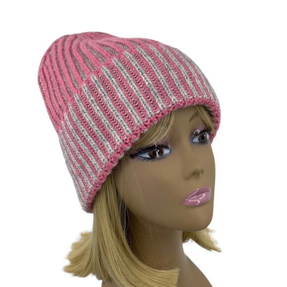 Two-Tone Pink wGrey Alpaca Wool Blend Rib Knit Cuffed Beanie by Aqua - Picture 1 of 10